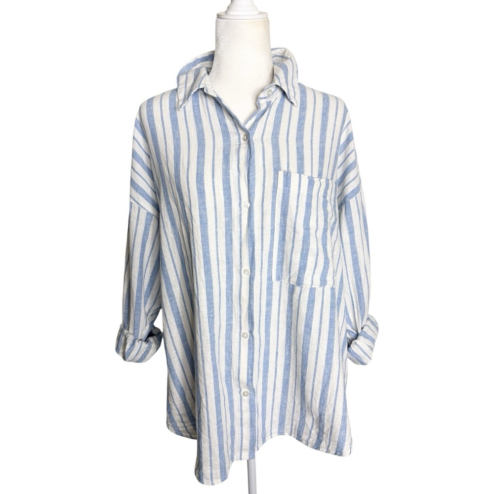 Vintage Abercrombie &‎ Fitch Top  Womens  Size L Blue Striped Linen  Oversized - Picture 2 of 10